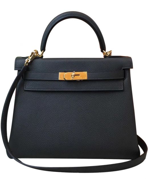 Imitated Hermes Kelly 32 Retourne Style Black Togo Leather Golden Turn Lock Belt Strap Flap Handbag For Ladies