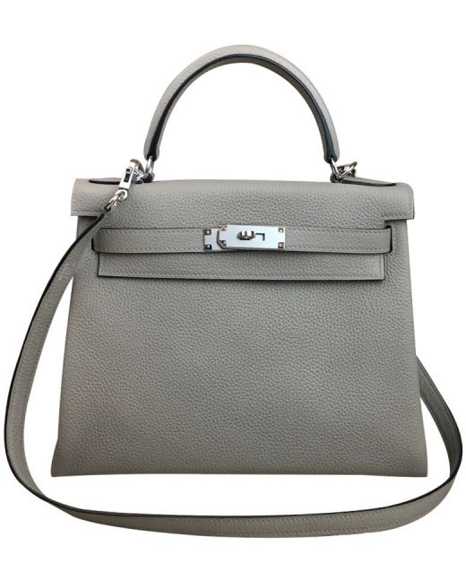 Best Quality Kelly 32 Light Grey Togo Leather Belt Strap Silver Turn Lock- Replica Hermes Women's Retourne Style Top Handle Bag