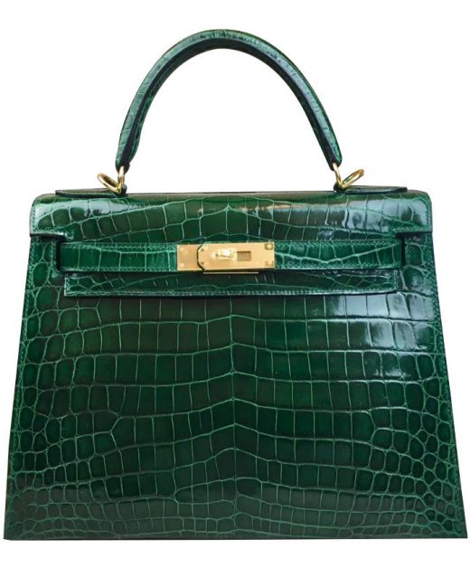 Fashion Kelly 32 Dark Green Crocodile Leather Belt Strap Golden Hardware - Imitated Hermes Turn Lock Female Crossbody Bag