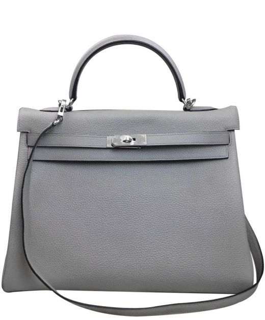 Classic Light Grey Togo Leather Women's Kelly 35 Silver Hardware Belt Strap - Fake Hermes Single Top Handle Bag