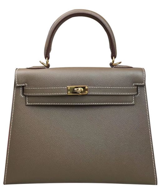 Popular Kelly 28 Tan Epsom Leather Belt Strap Single Top Handle - Faux Hermes Yellow Gold Hardware Turn Lock Bag