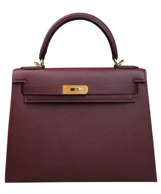 High Quality Burgundy Epsom Leather Kelly 28cm Yellow Gold Hardware - Phony Hermes Single Top Handle Women's Handbag