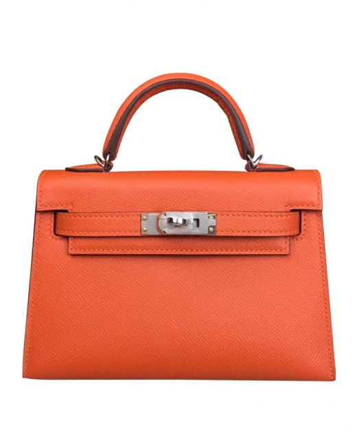 Replica Hermes Kelly 19 Orange Epsom Leather Single Topandle Silver Hardware Women's Belt Strap Tote Bag Online