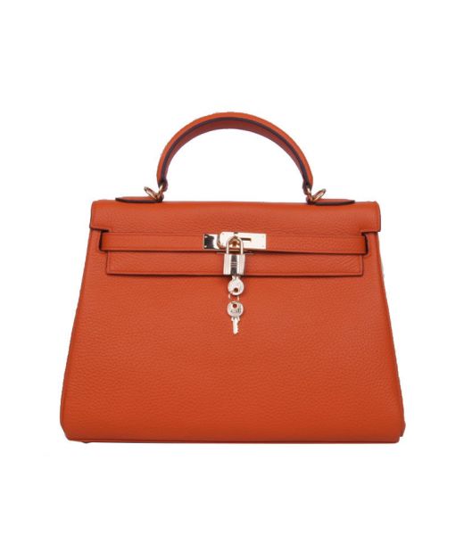Top Sale Kelly 28 Dark Orange Cowhide Leather Single Top Handle Turn Lock Design - Fake Hermes Belt Strap Flap Bag