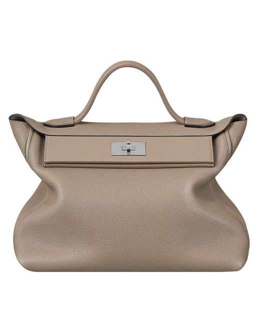 Imitation Hermes Sac 24/24 Single Top Handle Silver Turn Lock Figid Flap Grey Togo & Swift Leather Lady Handbag