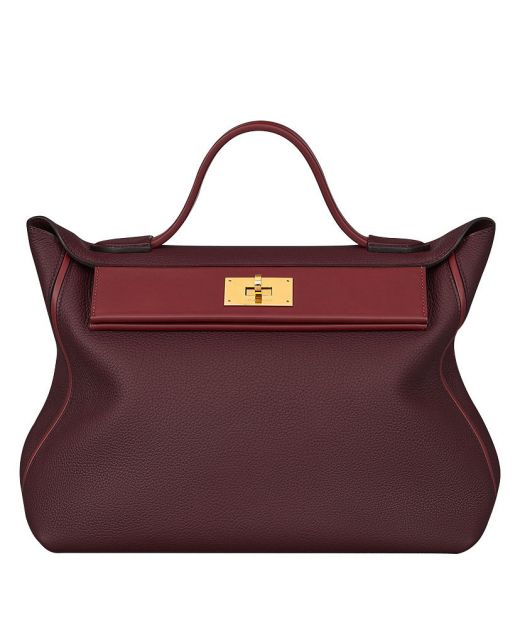 Replica Hermes Sac 24/24 Figid Flap Design Yellow Gold Turn Lock Women's Single Top Handle Burgundy Leather Handbag
