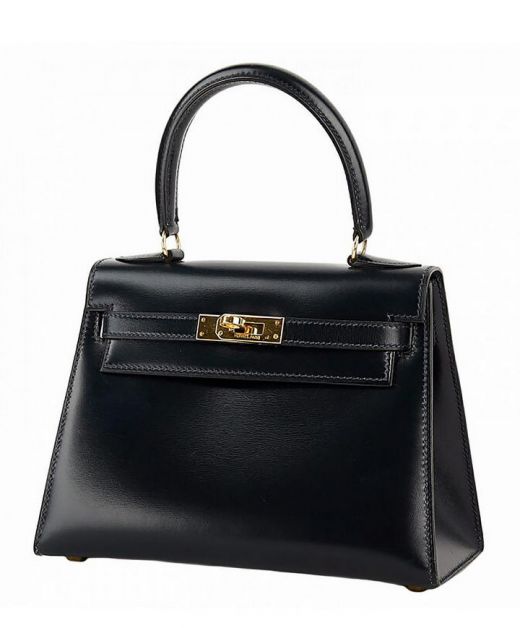 Trendy Style Kelly 20 Mini Single Top Handle Yellow Gold Plated Hardware - Faux Hermes Black Cowhide Smooth Leather Female Flap Bag