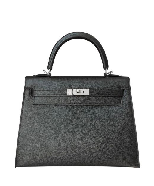 Chic Design Black Epsom Leather Silver Hardware Single Rolled Handle - Faux Hermes Kelly 25 Belt Strap Female Turn Lock Flap Bag