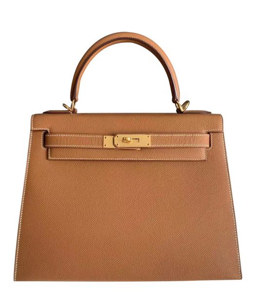 Replica Hermes Kelly 32 Light Coffee Epsom Leather Yellow Gold Hardware Single Rolled Handle Toggle Closure Women's Bag