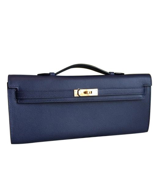 Best Quality Dark Blue Epsom Leather Kelly Cut Rouge H Silver Hardware - Fake Hermes Belt Strap Flap Bag 31CM