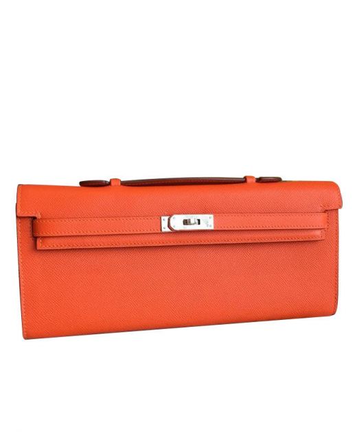 Fashion Kelly Cut Rouge H 31CM Orange Epsom Leather Silver Hardware - Faux Hermes Turn Lock Clutch Bag For Ladies