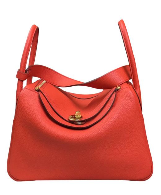 Imitation Hermes Lindy 30CM Red Togo Leather Double Top Handles Zipper Closure Turn Lock Detail Women's Flap Shoulder Bag