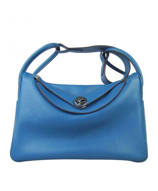 Faux Hermes Lindy 30CM Silver Hardware Turn Lock Closure Women's Royal Blue Cowhide Leather Double Zippers Tote Bag
