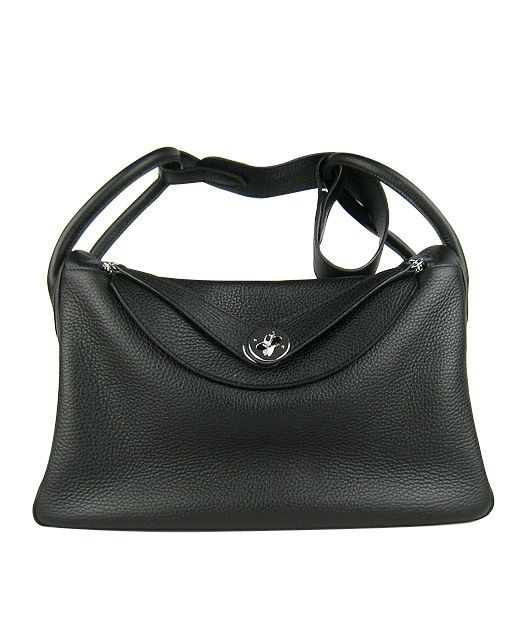Fake Hermes Lindy 30CM Zipper Flap Turn Lock Black Cowhide Leather Silver Hardware Female Top Handle Bag Online