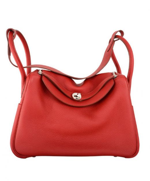 Imitation Hermes Lindy Red Cowhide Leather Double Zippers Flap Turn Lock Closure Women's 30CM Round Handles Bag