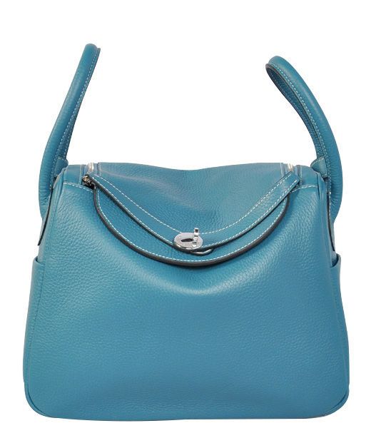 Fashion Lindy 26 Sky Blue Cowhide Leather Silver Turn Lock - Imitation Hermes Zipper Detail Ladies Top Handles Bag