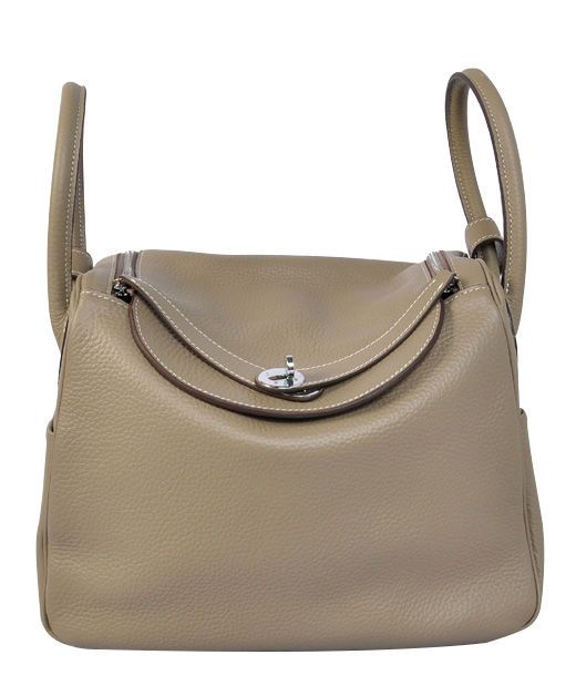 High Quality Female Lindy 26 Grey Cowhide Leather Rolled Handles - Fake Hermes Flap Design Turn Lock Shoulder Bag