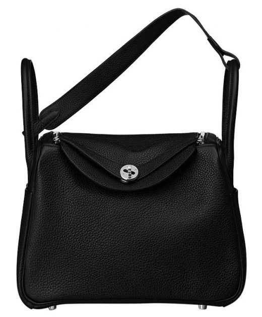 Chic Lindy 26CM Black Cowhide Leather Front Flap Silver Turn Lock - Clone Hermes Double Round Top Handles Shoulder Bag