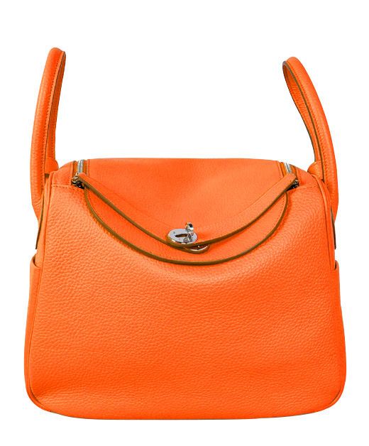 Best Price Lindy Women's Orange Cowhide Leather Silver Turn Lock - Copy Hermes Double Zippers Top Handles Flap Bag