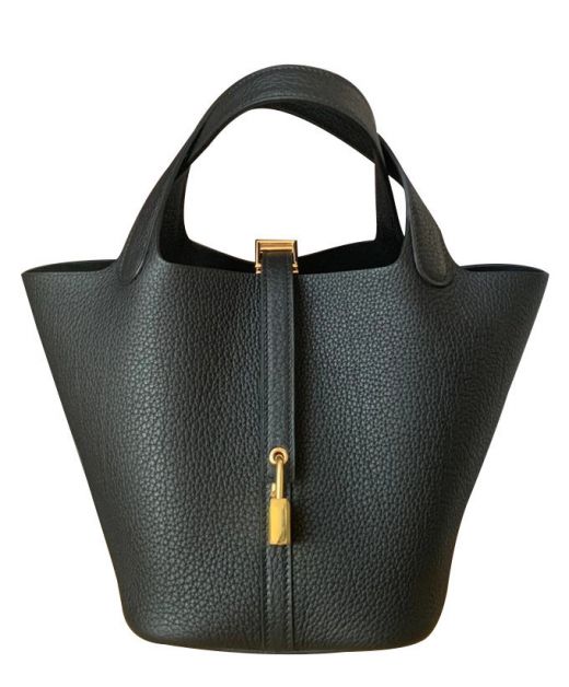 Best Price Picotin Pad Lock Detail Black Cowhide Leather - Faux Hermes Double Flat Handles Shoulder Bag For Ladies
