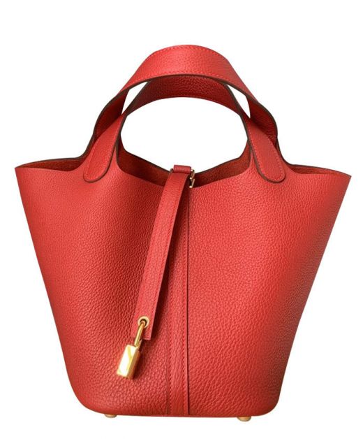Replica Hermes Picotin Lock Red Taurillon Clemence Leather Yellow Gold Hardware Women's Square Style Tote Bag
