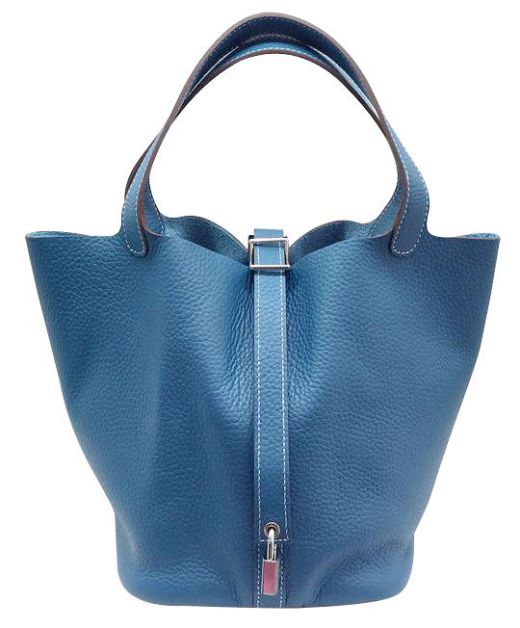 Low Price Picotin Silver Hardware Padlock Detail Blue Cowhide Leather - Replica Hermes 22CM Square Style Handbag For Ladies 