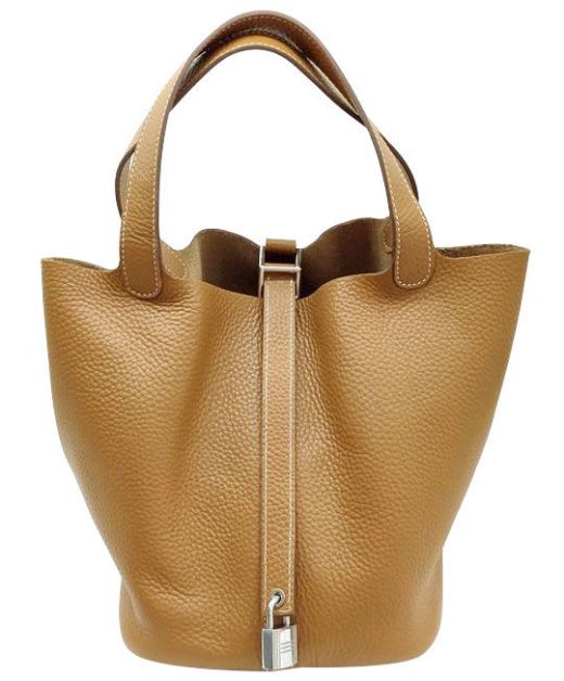 Fashion Picotin Khaki Cowhide Leather 22CM Silver Hardware Belt Strap - Faux Hermes Women's Double Flat Top Handles Bag