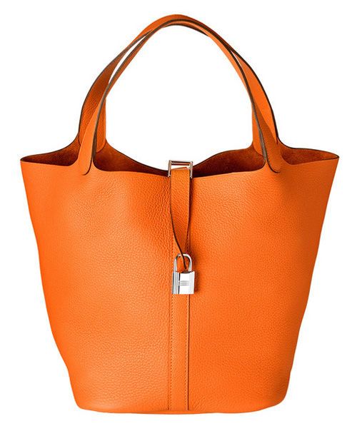 Low Price Picotin Orange Cowhide Leather Silver Hardware Padlock Detail - Clone Hermes Square Base Double Handles Bag