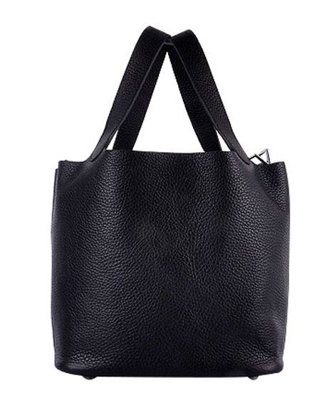 Imitation Hermes Picotin Square Design Black Cowhide Leather 18CM Belt Strap Design Lady Pad Lock Shoulder Bag