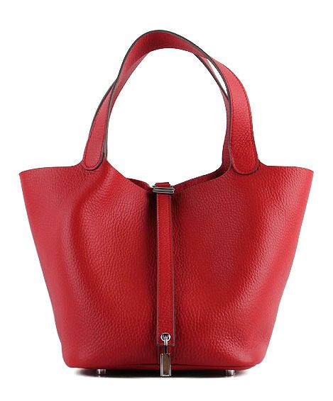 Fake Hermes Picotin Silver Buckle Detail Belt Strap Female Pad Lock Red Cowhide Leather Flat Handles Bag 18CM