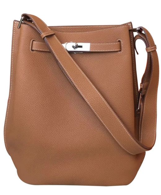 Imitated Hermes So Kelly 22CM Camel Togo Leather Open Top Design Belt Strap Female Vertical Shoulder Bag