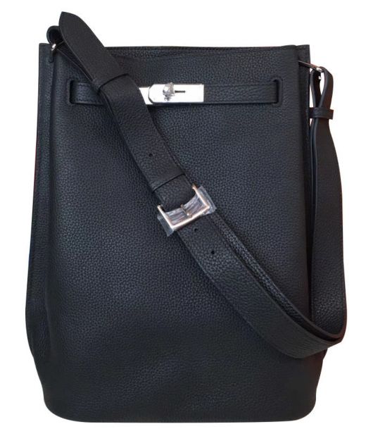Fake Hermes So Kelly Black Togo Leather Adjustable Shoulder Strap Silver Hardware Female 22CM Turn Lock Bag