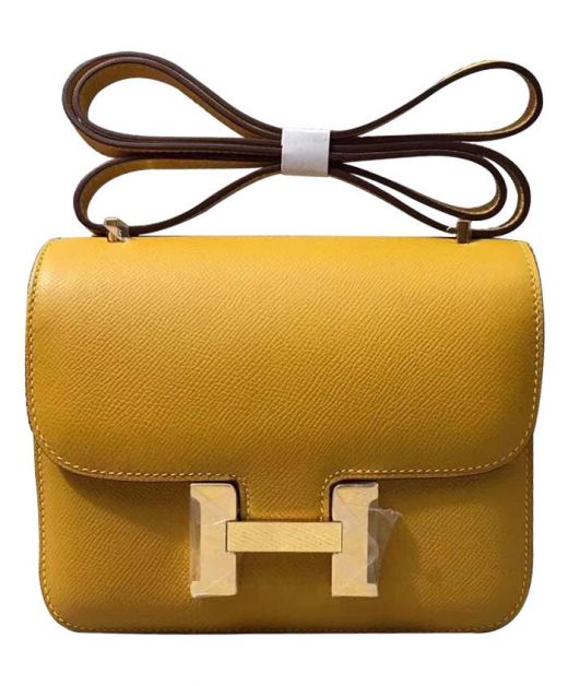 Replica Hermes Constance Yellow Epsom Leather H Shaped Snap Lock Closure 24CM Flap Crossbody Bag