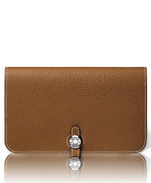 High End Dogon Combined Rounded Silver Buckle Detail Centure Slim Strap - Phony Hermes Lady Camel Togo Leather Long Wallet
