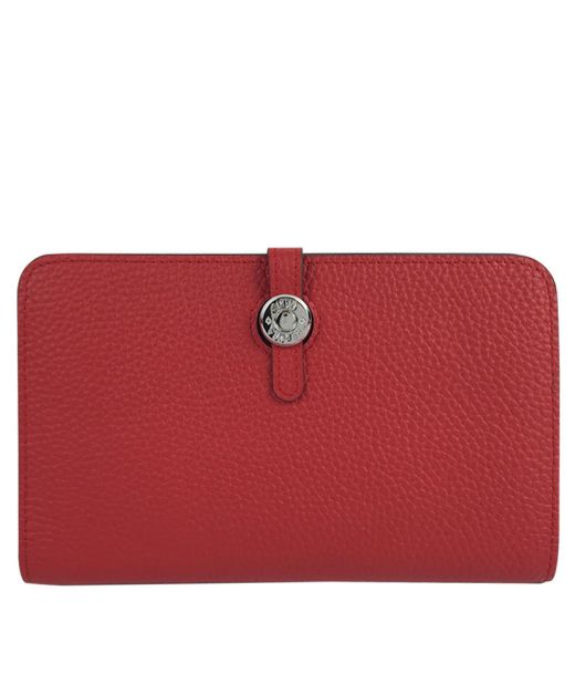Best Price Red Togo Calfskin Leather Silver Buckle Closure Dogon Combined - Faux Hermes Female Bi-fold Long Wallet