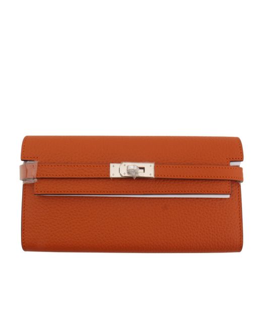 Fashionable Continental Kelly Belt Strap Silver Turn Lock Design - Fake Hermes Orange Cowhide Leather Long Flap Wallet For Ladies