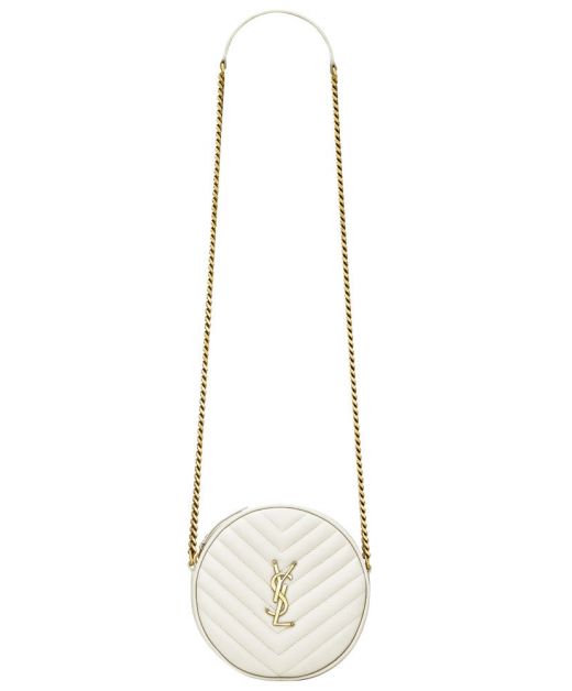 High End White Leather Chevron Quilted Metal YSL Monogram Vinyle—Fake Saint Laurent Round Crossbody Bag For Women