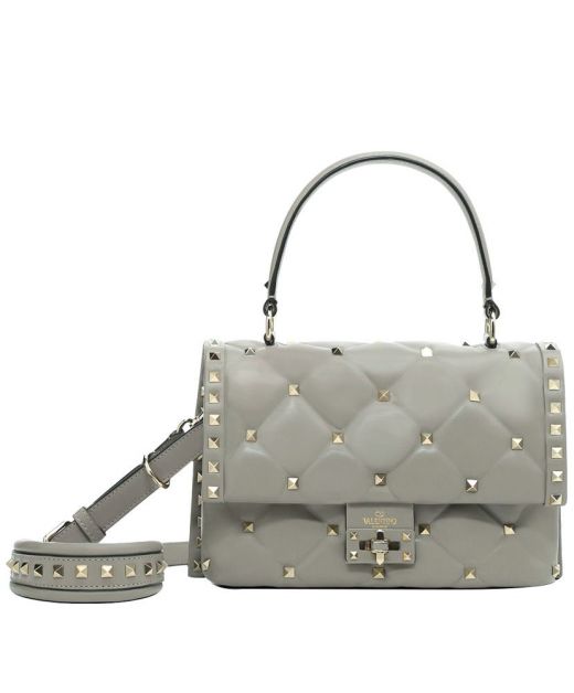 Imitation Valentino Candystud Dark Grey Quilted Lambskin Leather Design Yellow Metal Studs Twist Lock Closure Tote Bag For Ladies
