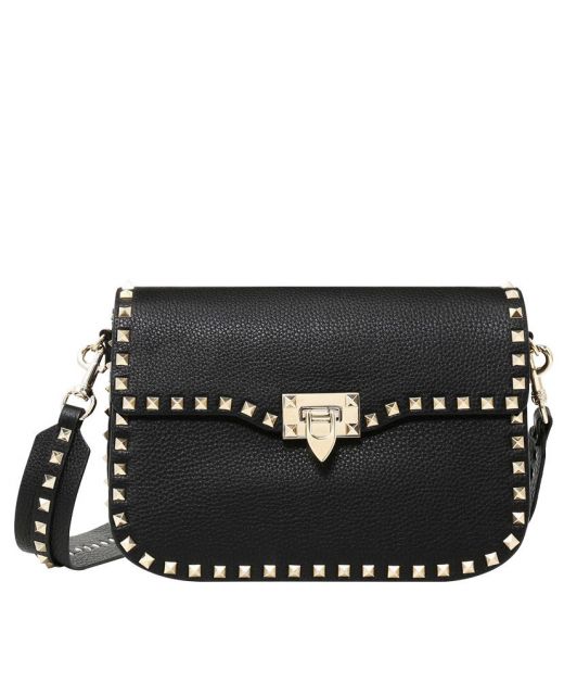 Female Best Selling Knockoff Valentino Rockstud Black Grainy Leather Golden Rivets Decoration Hook Closure Shoulder Bag