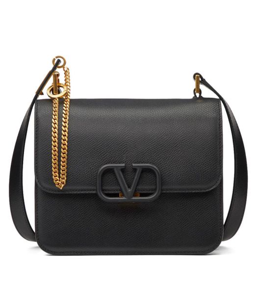 Ladies' Black Grainy Leather Magnetic Closure Removable Shoulder Strap - High End Replica Valentino Vsling Crossbody Bag