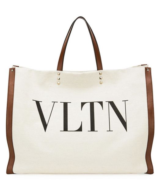 White Canvas Material Brown Leather Gold Rivets Hardware - Imitation Valentino Garavani VLTN Tote Tote Bag For Women
