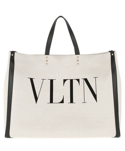 Women's Valentino Garavani VLTN Logo Grande Plage White Canvas Black Leather Trim Silver Studs Detail Large Tote Bag