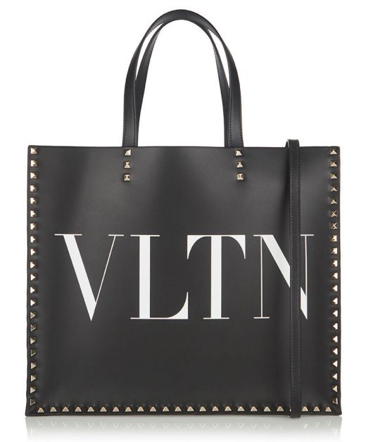 Ladies' Black Leather Gold-tone Embellishments Detachable  Shoulder Strap - Fake Valentino VLTN Logo Rockstud Tote Bag