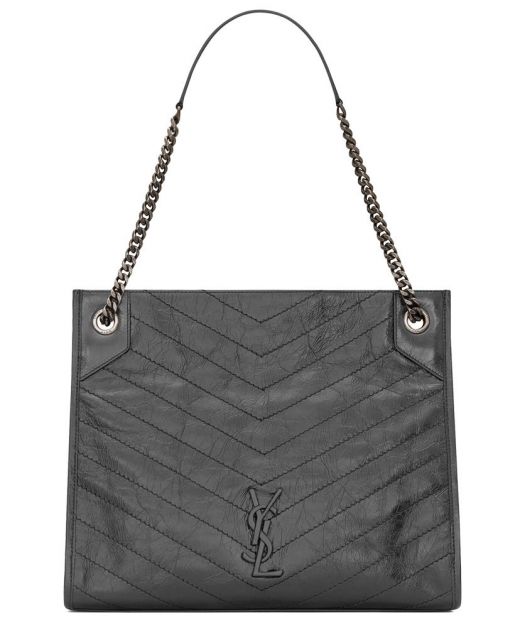 Faux Saint Laurent Niki Grey Leather Quilted Stitch YSL Letter Magnetic Closure Top Double Strap Women Tote Bag