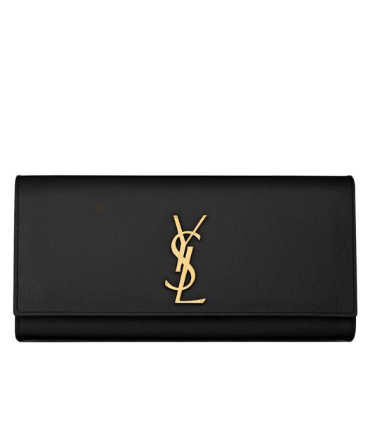 Cheapest Black Leather Gold Hardware YSL Logo Flap Magnetic Closure Kate—Imitated Saint Laurent Clutch For Ladies