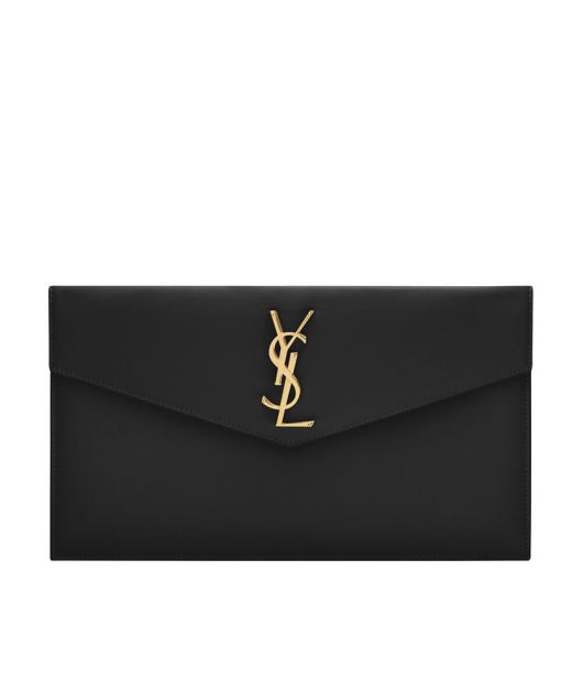 Low Price Black Leather Flap Magnetic Closure Gold YSL Logo Uptown—Replica Saint Laurent Pioneer Clutch For Ladies