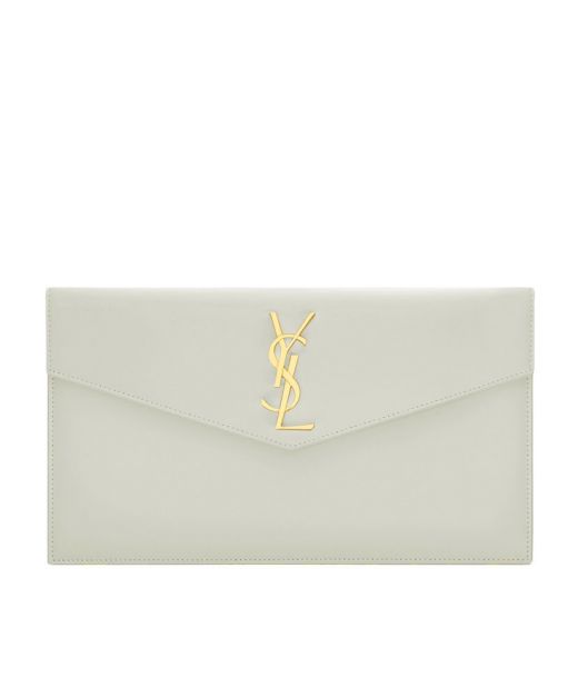 Fake Saint Laurent Uptown White Calfskin Gold YSL Logo Flap Magnetic Closure Envelope Design Women's Clutch