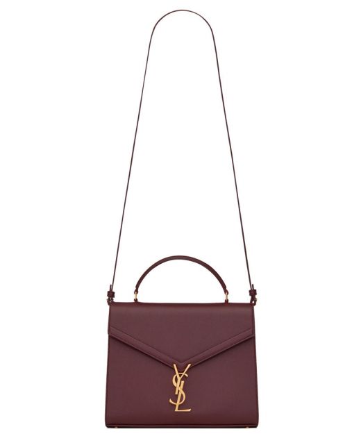 For Sale Burgundy Grain Leather Gold YSL Logo Closure Top Handle Cassandra—Imitated Saint Laurent Women'S Flap Shoulder Bag
