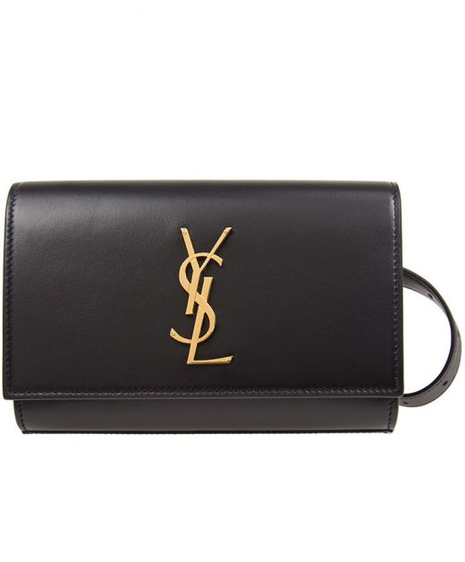 Best Discount Black Leather Flap Design Gold YSL Logo Kate—Fake Saint Laurent Rectangle Women's Waist Bag