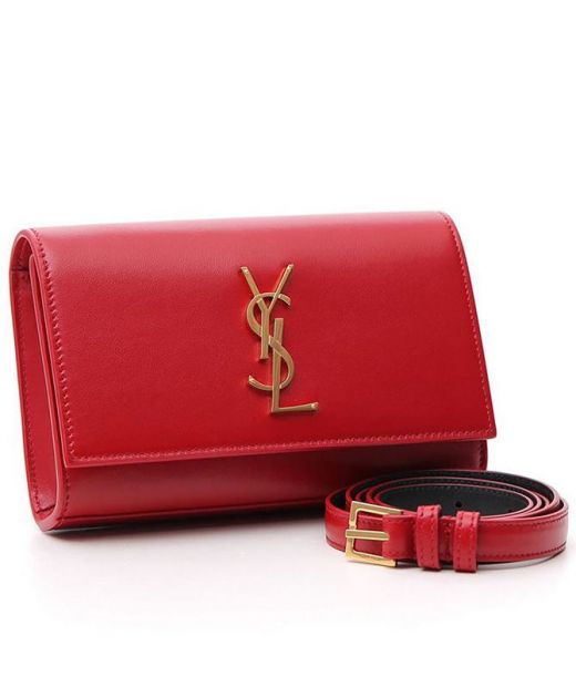 Replica Saint Laurent Kate Red Leather Gold Hardware Flap Magnetic Closure YSL Letter Logo Fanny Pack For Ladies